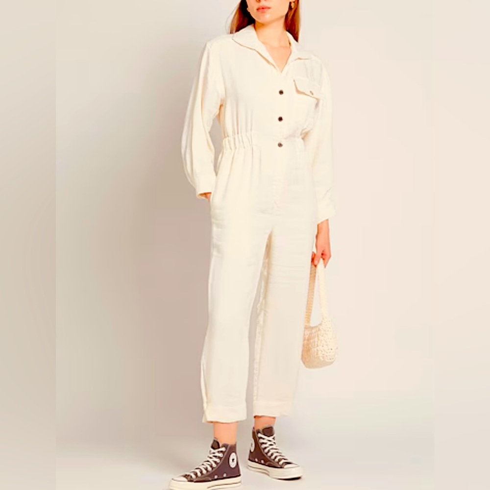 Sandro long-sleeved ivory pant Jumpsuit with gold snap buttons.Women’s M